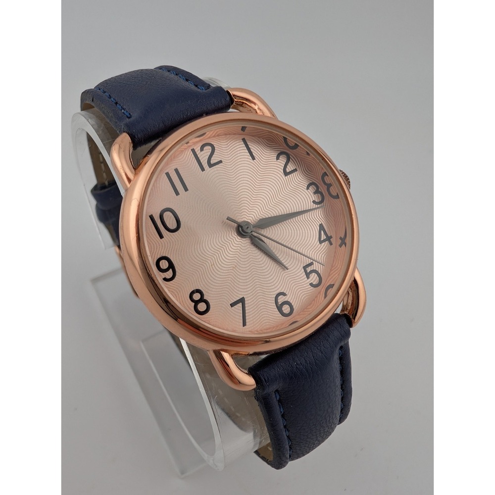 Time and Tru Watch Women 34mm Rose Gold Case Blue Faux Leather Band- New Battery